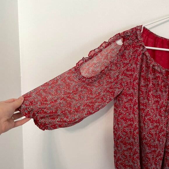MAX STUDIO Georgette Elbow Sleeve Cold Shoulder Blouse Red White Floral Boho Top - Picture 8 of 16